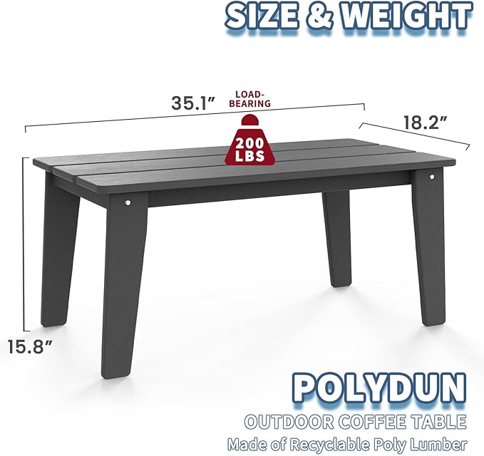 Wood Texture Outdoor Coffee Table, 35" x 18.2" Poly Lumber Patio Coffee Table, All Weather Adirondack Outdoor Table for Balcony, Garden, Indoor or Outdoor, Slate Gray Slate Gray