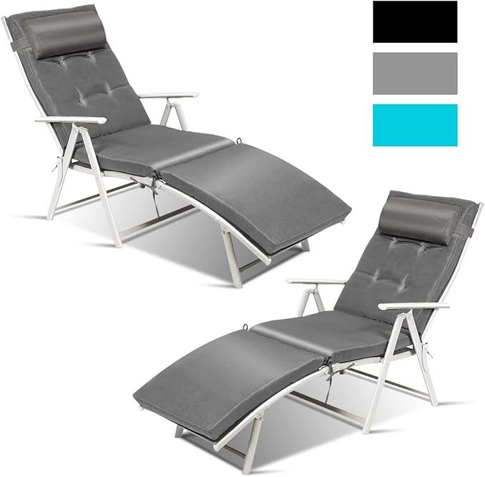 COSTWAY 2PCS Outdoor Folding Chaise Lounge Chair, Lightweight 7-Gear Adjustable Recliner with Neck Pillow, No Assembly - Photo 3