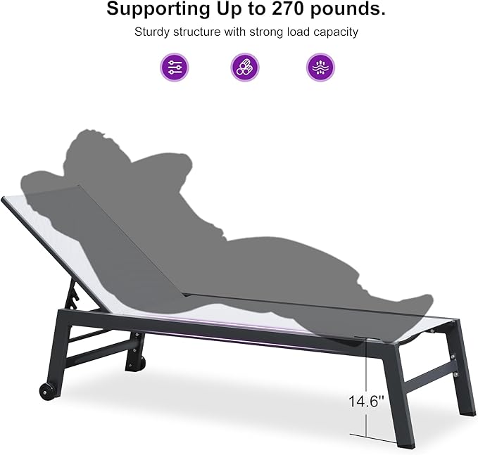 PURPLE LEAF Patio Chaise Lounge Set for 2 Outdoor Chaise Lounge Chair with Aluminum Frame and Wheels Pool Lounge Chairs - Photo 8