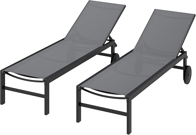 SUNLEI Patio Chaise Lounge Outdoor Set of 2, Pool Lounge Chairs for Outside w/5-Position Adjustable Backrest & All Weather, Tanning Recliner Chair for Pool Beach Deck (Grey, 2 Pieces)