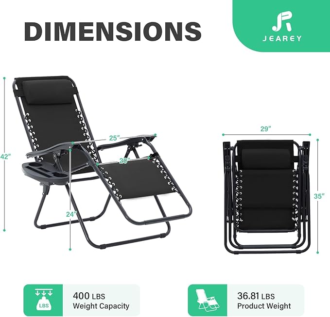 JEAREY Oversized Zero Gravity Lounge Chairs Set of 2, Adjustable Steel Mesh Recliners w/Pillows and Cup Holder Trays for Patio, Garden, Beach, Black
