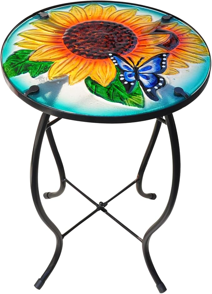 Patio Side Table Outdoor Accent Table Mosaic Coffee Side Table Glass Round Small Table Plant Stand for Indoor Garden - Photo 1