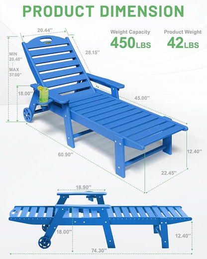Lounge Chair Outdoor, Chaise Lounge Outdoor, HDPE 6-Position Lounge Chair for Outside, Patio Lounge Chair with Wheels & Cup Holder for Pool Poolside Deck Backyard, Navy Blue