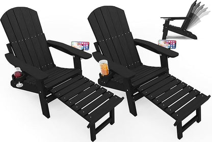 YEFU Adirondack Chair with Retractable Ottoman: Folding Adirondack Chairs Set of 2-5-Level Adjustable Backrest with Footrest - Fire Pit Chairs - 2 Cup Holder - Outdoor Plastic Chair for Patio(Black)