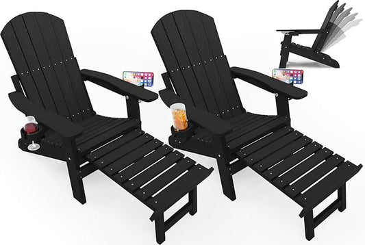 YEFU Adirondack Chair with Retractable Ottoman: Folding Adirondack Chairs Set of 2-5-Level Adjustable Backrest with Footrest - Fire Pit Chairs - 2 Cup Holder - Outdoor Plastic Chair for Patio(Black)