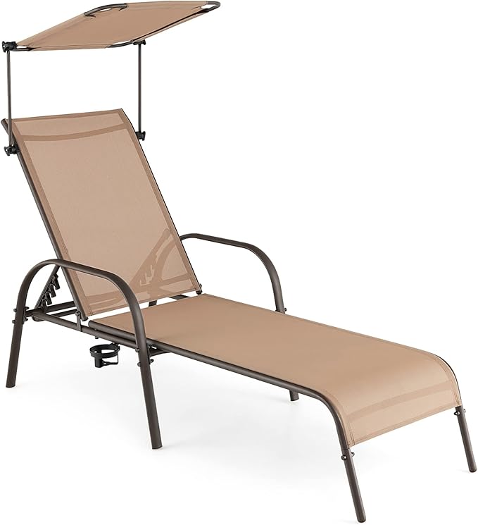 Giantex Patio Chaise Lounge Chair, Outdoor Beach Chair with Adjustable Canopy, Cupholder, 5-Level Backrest, Metal Frame, Sunbathing Lounger for Tanning, Outside, Poolside, Yard, Lawn, Brown
