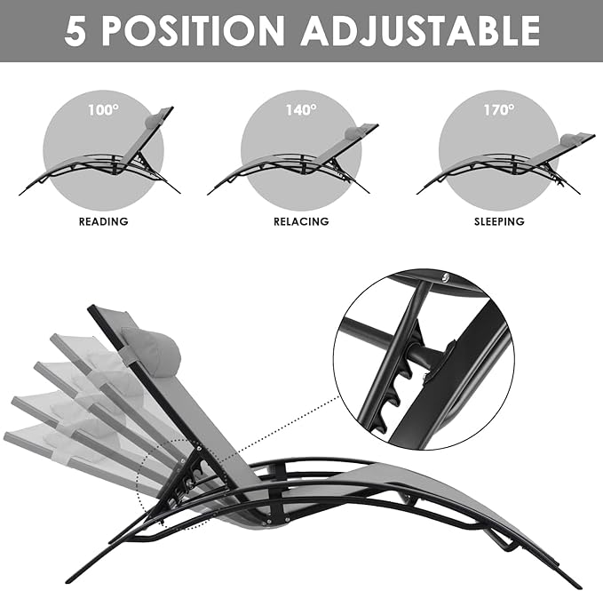 AthLike 3 pcs Poolchairs Patio Chaise Lounge Set with Headrest, 5-Level Adjustable Sunbathing Tanning Poolside Recliner Chairs with Side Table for Outdoor Beach (Grey)