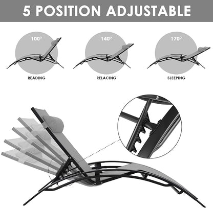 AthLike 3 pcs Poolchairs Patio Chaise Lounge Set with Headrest, 5-Level Adjustable Sunbathing Tanning Poolside Recliner Chairs with Side Table for Outdoor Beach (Grey)