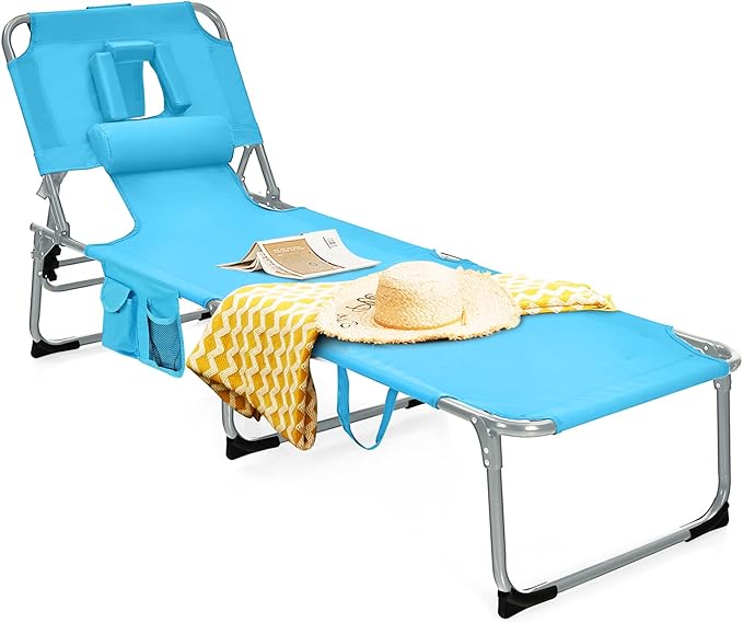 Tangkula Tanning Chair with Face Hole, Patio Folding Adjustable Reclining Beach Sunbathing Lounge Chair with Side Pocket - Photo 1