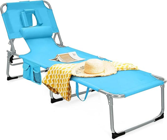 Tangkula Tanning Chair with Face Hole, Patio Folding Adjustable Reclining Beach Sunbathing Lounge Chair with Side Pocket, Portable Face Down Chaise Lounge for Outdoor Backyard Poolside (1)