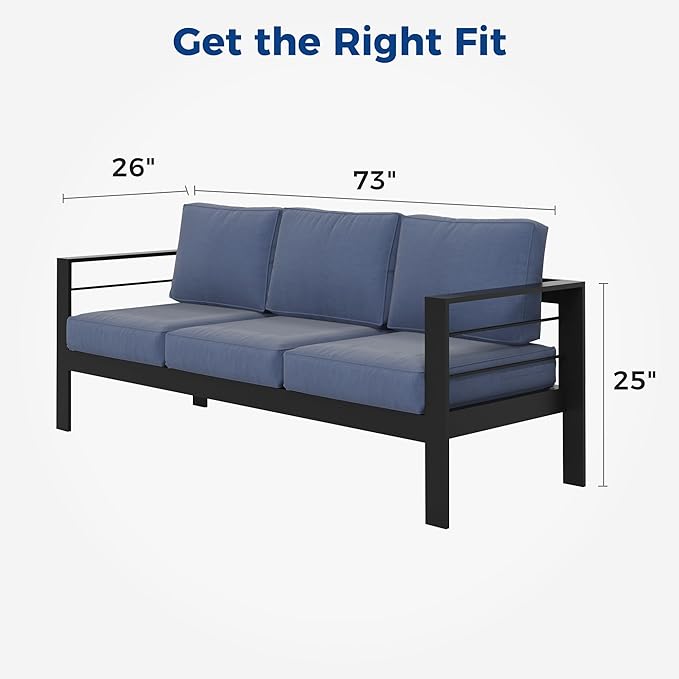 Wisteria Lane Patio Furniture Aluminum Sofa, All-Weather Outdoor 3 Seats Couch, Black Metal Chair with Blue Cushions - Photo 2