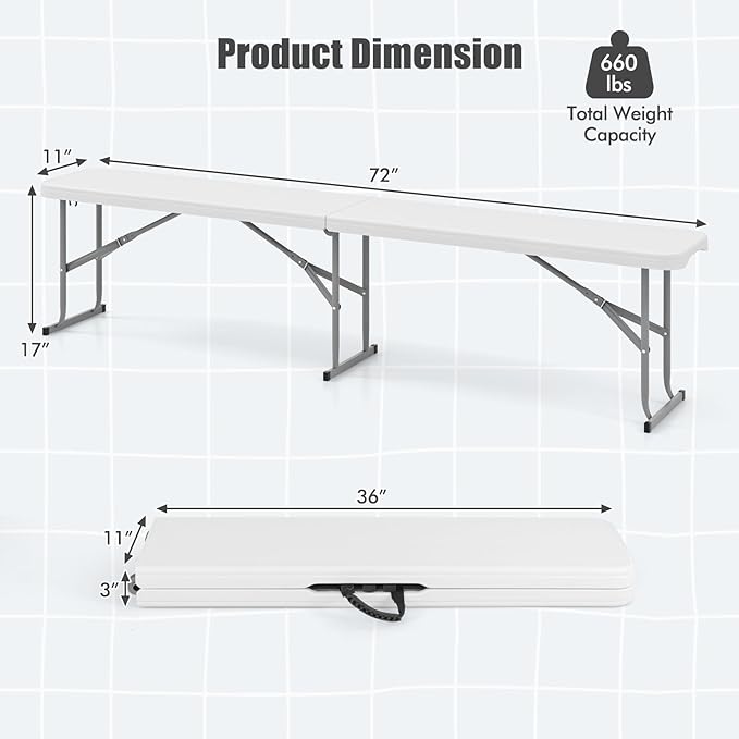 Giantex 6 Feet Plastic Folding Bench, Portable Picnic Seat for BBQ Party Camping Dining, HDPE Top, Metal Frame, Indoor Outdoor Fold-in-Half Bench for Garden Entertainment Activities Sport Events