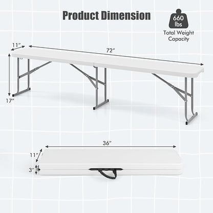 Giantex 6 Feet Plastic Folding Bench, Portable Picnic Seat for BBQ Party Camping Dining, HDPE Top, Metal Frame, Indoor Outdoor Fold-in-Half Bench for Garden Entertainment Activities Sport Events