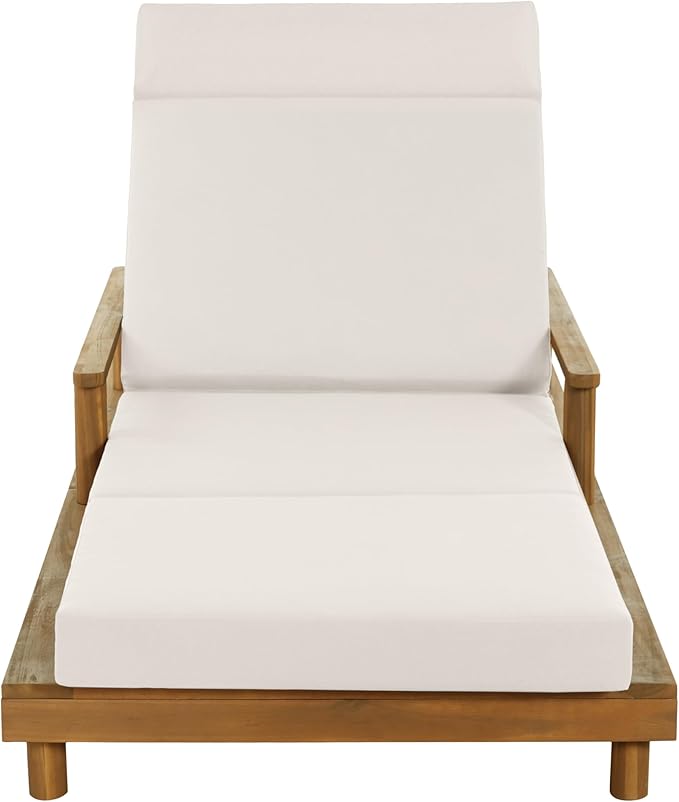 Merax Acacia Wood Outdoor Chaise Lounge Chair Set of 4, Thick 4-Fold Cushion & Headrest, 3-Position Adjustable Backrest, Modern 76.8" L Large Patio Pool Sun Lounger for Garden Beach Yard, Cream+Teak