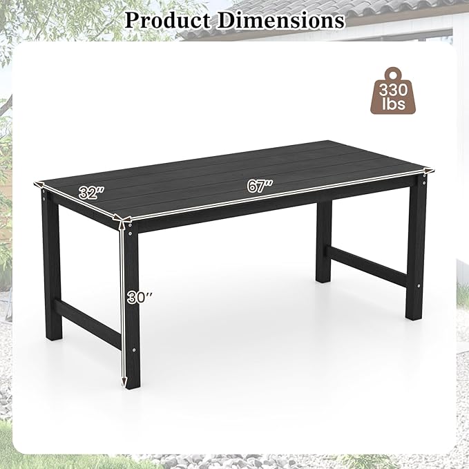 Tangkula HDPE Outdoor Dining Table for 6 Person, 67” Patio Table with Wood-Like Tabletop and Umbrella Hole - Photo 3