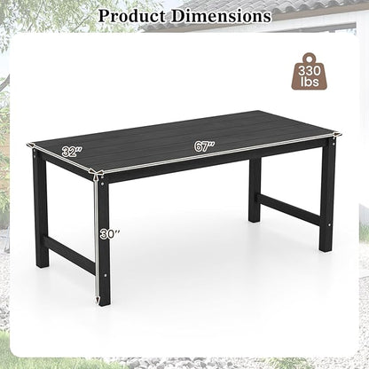 Tangkula HDPE Outdoor Dining Table for 6 Person, 67” Patio Table with Wood-Like Tabletop and Umbrella Hole, Weather-Resistant Rectangle Table for Garden, Backyard and Poolside (Black, 1 Table)