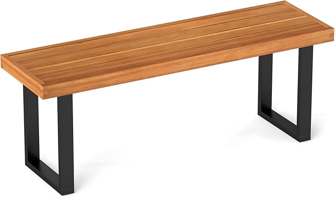 RELAX4LIFE Outdoor Bench Acacia Wood - 48’’ Garden Patio Dining Bench w/Slatted Seat, Metal Legs, 2-Person Backless Picnic Loveseat, Farmhouse Indoor Outdoor Furniture for Entryway Deck Park Porch (1)