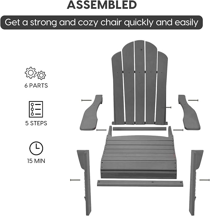 Folding Adirondack Chair, Outdoor Patio Chair Lawn Chair,Weather Resistant for Patio Deck Garden, Backyard, Bonfire& Lawn Furniture Lawn Seating（Grey）