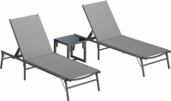 Amopatio Foldable Patio Lounge Chairs Outdoor Portable Pool Chaise Lounge Set of 2 with Side Table for Outside, Weather Resistant, 5-Position Adjustable Backrest, 400 LBS Capacity,Gray
