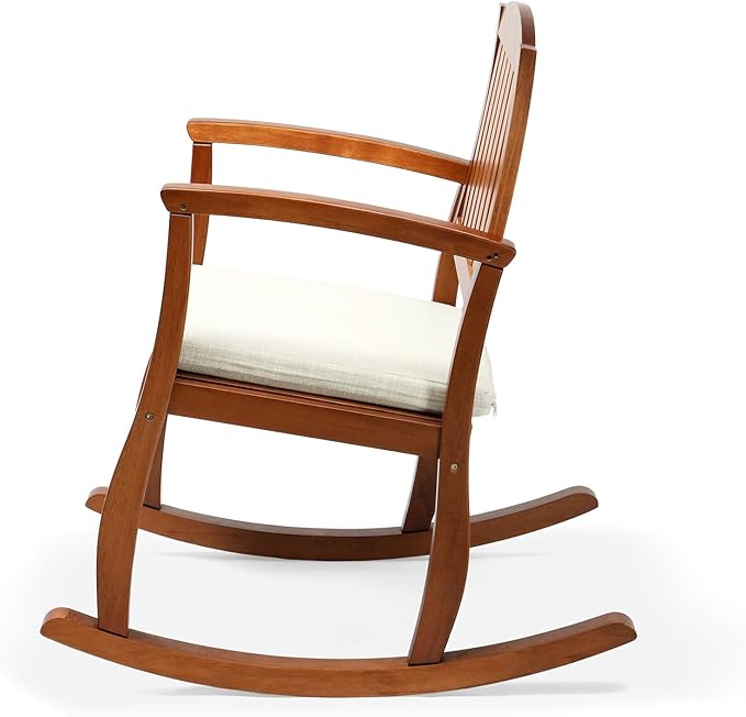 VINGLI Patio Rocking Chair with Cushion, Wood Rocking Bench with Comfortable Backrest, Outdoor Wooden Rocker Support 450 LBS for Indoors & Outdoors (Teak, 1 PCS)