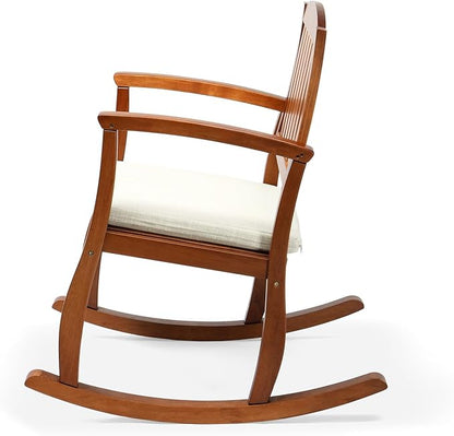 VINGLI Patio Rocking Chair with Cushion, Wood Rocking Bench with Comfortable Backrest, Outdoor Wooden Rocker Support 450 LBS for Indoors & Outdoors (Teak, 1 PCS)