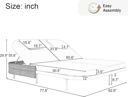 SOFTSEA Patio Rattan Daybed for 2 People, with 5-Position Adjustable Backrest, Outdoor Chaise Lounge with Removable Cushions&Pillows, Iron Frame Outdoor Daybed for Pool Garden, Beige+Black