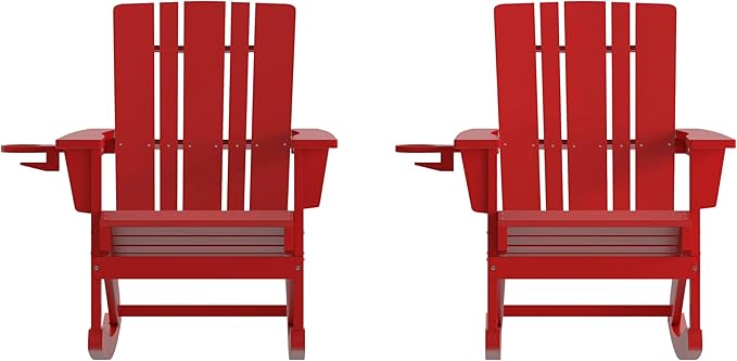Flash Furniture Halifax Adirondack Rocking Chairs with Cup Holder, Weather Resistant Poly Resin Adirondack Rocking Chairs, Set of 2, Red