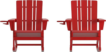 Flash Furniture Halifax Adirondack Rocking Chairs with Cup Holder, Weather Resistant Poly Resin Adirondack Rocking Chairs, Set of 2, Red