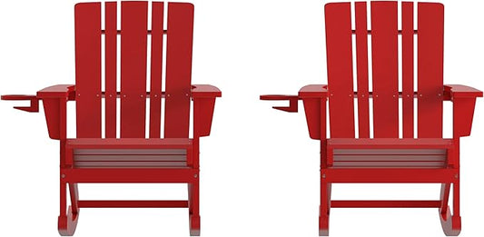 Flash Furniture Halifax Adirondack Rocking Chairs with Cup Holder, Weather Resistant Poly Resin Adirondack Rocking Chairs, Set of 2, Red