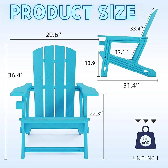 FONTOI Adirondack Chair, Plastic Adirondack Chair with Cup Holder, Outdoor Weather Resistant Lawn Furniture, 400 LBS Capacity Recliner, Garden Backyard Patio Without Screws Install, Sky Blue