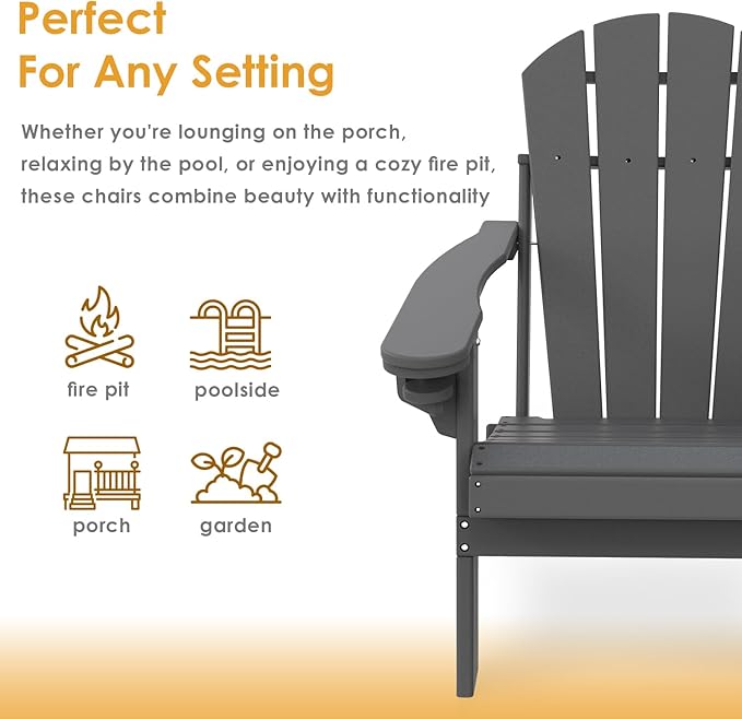 IVY&LANE Folding-Adirondack-Chairs-Set-of-2 | HDPE Plastic | Outdoor Fire Pit Chair with Cup Holder | Grey | Poly | Weather Resistant | for Patio Deck Poolside Garden Beach