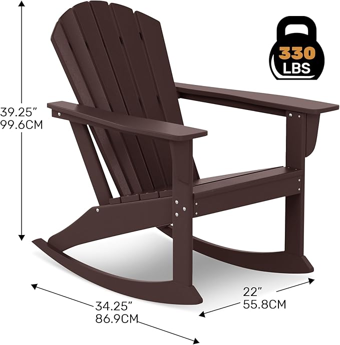 Costaelm Outdoor Adirondack Chair, All Weather Resistant Lawn Chairs Balcony Chair and Fire Pit Chairs, Deck Chairs Outdoor Porch Rocking Chair High Back HDPE Poly Lumber, Dark Brown
