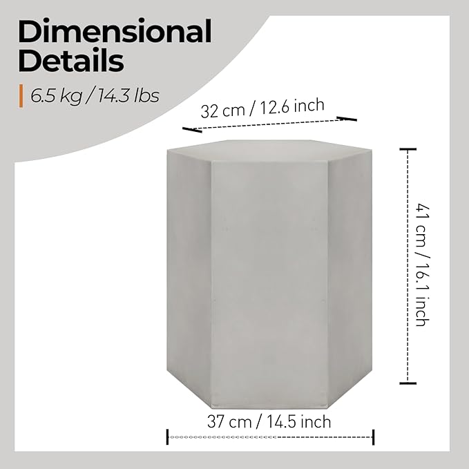 HOMPUS Concrete Side Table, Hexagon Outdoor Side Table, Modular Design Accent Table, Indoor Patio End Tables, Light Grey Home Décor for Living Room, Bedroom or Backyard (14.5" L x 12.5" W x16 H)