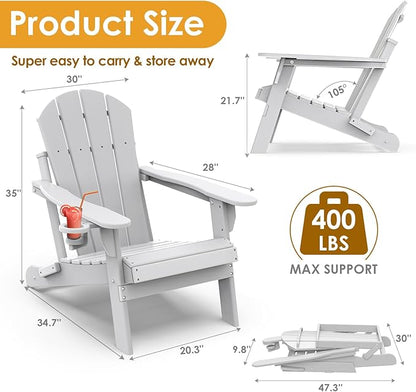IVY&LANE Folding-Adirondack-Chairs-Set-of-4 | HDPE Plastic | Outdoor Fire Pit Chair with Cup Holder | White | Poly | Weather Resistant | for Patio Deck Poolside Garden Beach