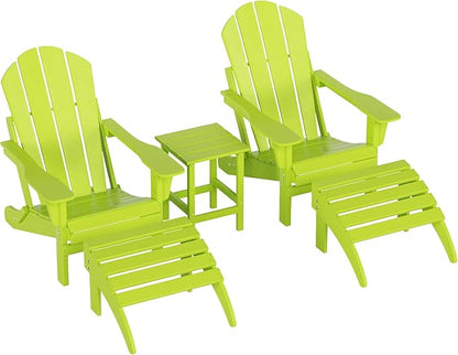 WestinTrends Malibu Outdoor Lounge Chairs Set, 5-Pieces Adirondack Chair Set of 2 with Ottoman and Side Table, All Weather Poly Lumber Patio Lawn Folding Chair for Outside, Lime