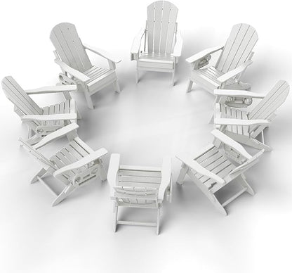 Adjustable Adirondack Chair Set of 8 with Cup Holder, All Weather HDPE Fire Pit Chairs for Deck, Backyard, Patio, White
