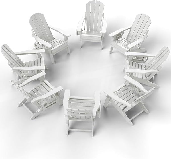 Adjustable Adirondack Chair Set of 8 with Cup Holder, All Weather HDPE Fire Pit Chairs for Deck, Backyard, Patio, White - Photo 1