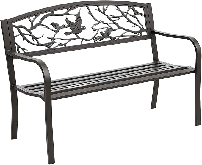 Outsunny 50" Garden Bench, Outdoor Patio Bench with Animal Pattern, Cast Steel Metal Bench for Yard, Lawn, Porch, Brown