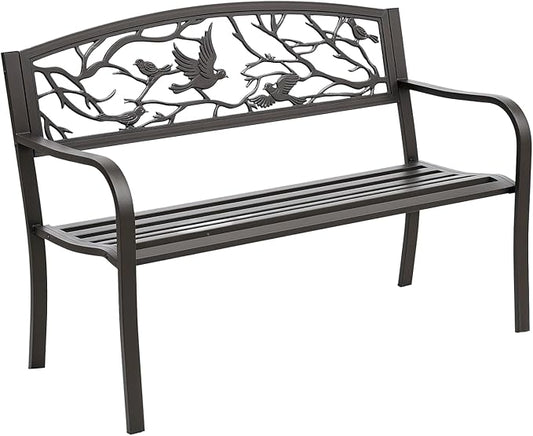 Outsunny 50" Garden Bench, Outdoor Patio Bench with Animal Pattern, Cast Steel Metal Bench for Yard, Lawn, Porch, Brown