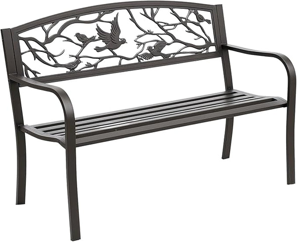 Outsunny 50" Garden Bench, Outdoor Patio Bench with Animal Pattern, Cast Steel Metal Bench for Yard, Lawn, Porch, Brown