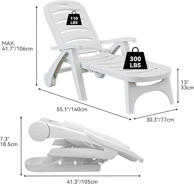 YITAHOME Outdoor Chaise Lounge on Wheels, Set of 4 PP Plastic Folding Patio Chairs with 5-Level Adjustable Backrest for Pool, Garden, Beach, Sunbathing, Yard, and Poolside Lounging