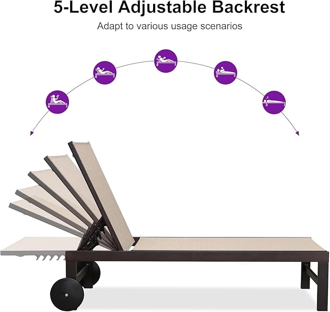 PURPLE LEAF Outdoor Chaise Lounge Chair Set of 2, Pool Lounge Chairs for Outside, Aluminum Patio Chaise Loungers with Adjustable Backrest and Wheels for Deck, Lawn, Garden, Cream