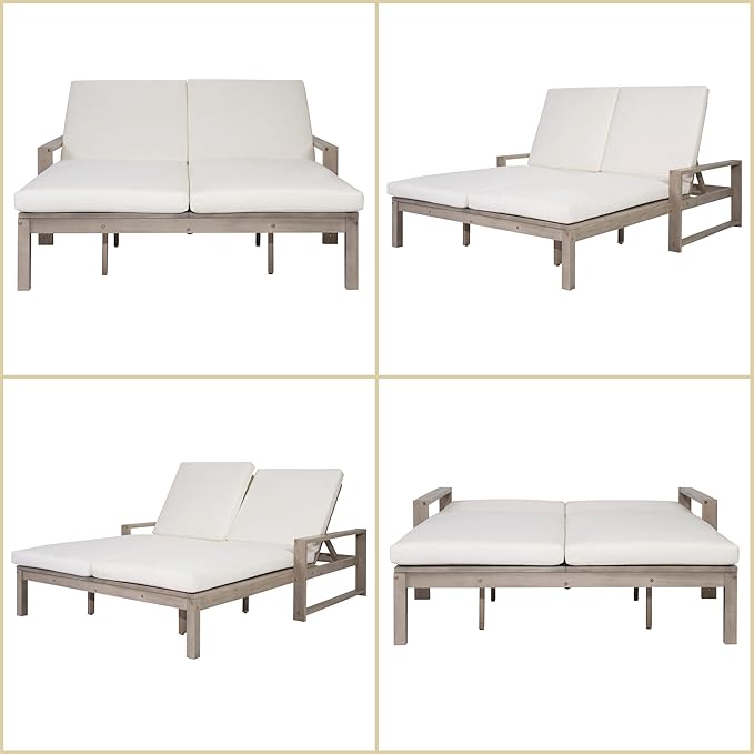 Merax Outdoor Double Lounge Chair with 5-Position Adjustable Backrest for Each Seat, Wood Patio Chaise Lounge with Armrests & Removable Cushions for Patio Poolside Garden, All-Weather, Grey