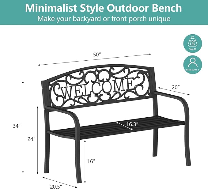 50 Inches Outdoor Garden Bench, Outside Bench with Anti-Rust Steel Metal Frame ＆ Non-Slip Legs, Patio Bench with Floral Pattern Backrest (Welcome)