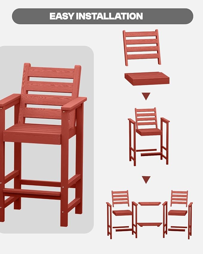 Tall HDPE Adirondack Bar Chairs Set of 2, Outdoor Balcony Bar-Height Chairs with Extra-Large Side Trays & 2" Umbrella Hole, All-Weather Patio Stools for Porch, Deck, Garden (Terracotta, 2chair)