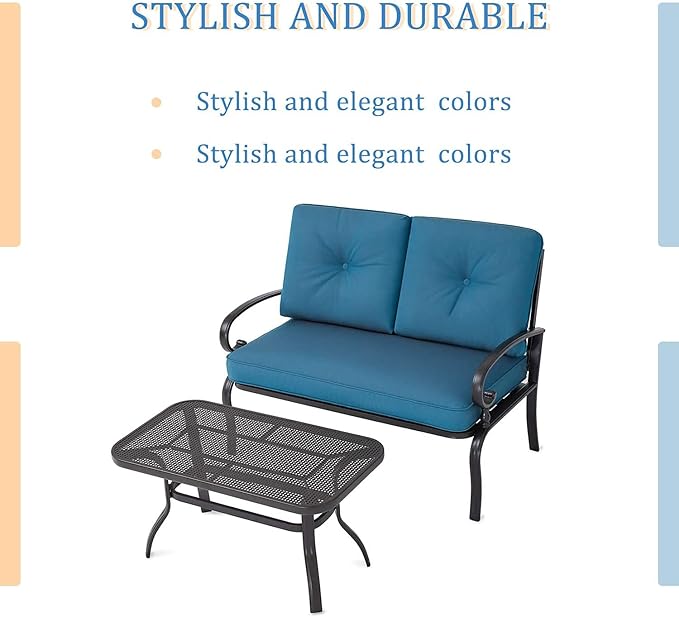 Outdoor 2 Pcs Patio Loveseat Bench Set with Bistro Coffee Table and Patio Steel Frame Sofa with Cushion, Wrought Iron Look, Lawn Front Porch Garden (Peacock Blue)