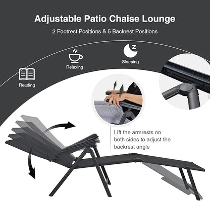 COSTWAY Folding Chaise Lounge, Lightweight & Breathable Fabric, Outdoor Tanning Recliner Chair for Deck, Beach (Black)