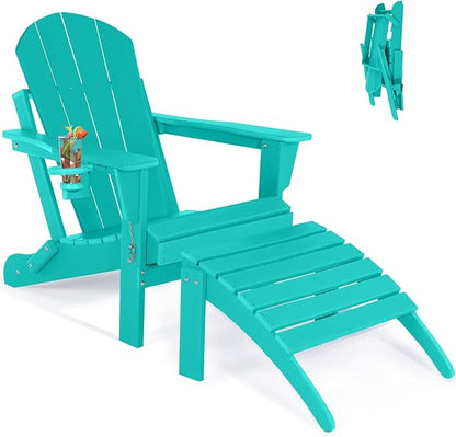 Adirondack Chair with Ottoman | Folding | Outdoor Patio Chair with Removable Footrest | HDPE Plastic All-Weather Resistant | Cup Holder | for Backyard and Garden | Turquoise
