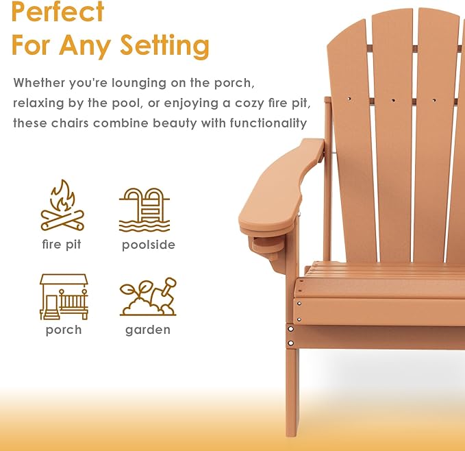 IVY&LANE Folding-Adirondack-Chairs-Set-of-4 | HDPE Plastic | Outdoor Fire Pit Chair with Cup Holder | Teak | Poly | Weather Resistant | for Patio Deck Poolside Garden Beach