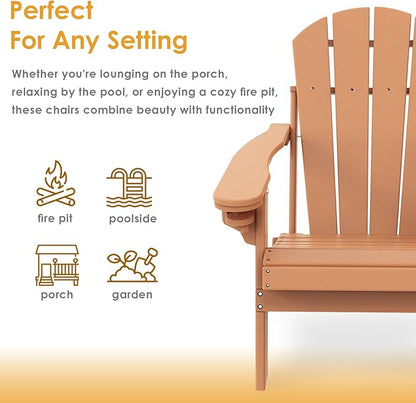 IVY&LANE Folding-Adirondack-Chairs-Set-of-4 | HDPE Plastic | Outdoor Fire Pit Chair with Cup Holder | Teak | Poly | Weather Resistant | for Patio Deck Poolside Garden Beach